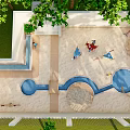 Outdoor Children Playground With Sand Area Blue Water Channels And Green Trees