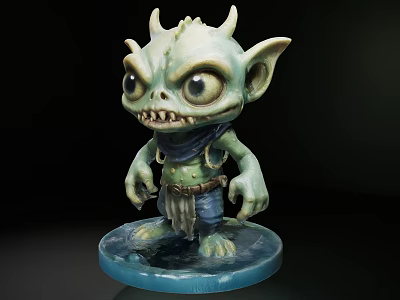 Detailed Green Horned Goblin Like Decorative Figurine Set With Blue Base 3d model