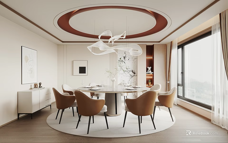 Elegant Private Dining Room Interior With Round Table Brown Chairs And Modern Chandelier 3d model 