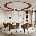 Elegant Private Dining Room Interior With Round Table Brown Chairs And Modern Chandelier
