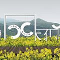 Rural Landscape Featuring Yellow Flower Field White Art Installation Mountains Blue Sky And White Clouds