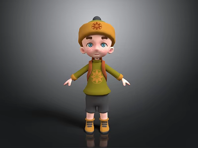 3D Animated Boy Wearing Yellow Hat Green Shirt with Backpack Standing on Gray Background 3d model