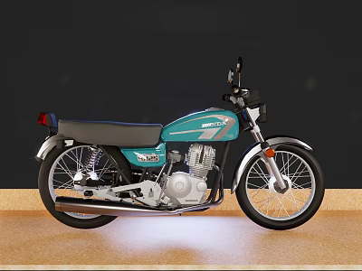 Teal Classic Motorcycle With Black Seat And Metallic Engine On Wooden Floor 3d model