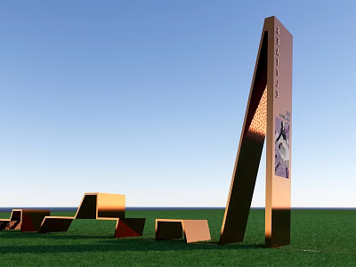 Orange Outdoor Chairs Placed on Green Grass with Modern Metal Structure Under Blue Sky 3d model