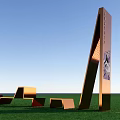 Orange Outdoor Chairs Placed on Green Grass with Modern Metal Structure Under Blue Sky