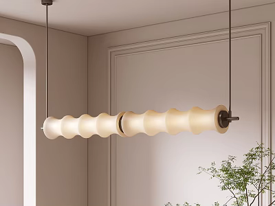 Long Modern Wave Shaped Cream White Pendant Chandelier In Minimalist Living Room Corner 3d model
