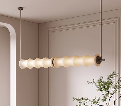 Long Modern Wave Shaped Cream White Pendant Chandelier In Minimalist Living Room Corner 3d model