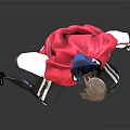 Cyborg Character In Red And White Jacket With Mechanical Legs Crouching On Reflective Surface