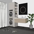 Modern Bathroom Vanity Interior Design With Stacked Washer Dryer Ring Light Mirror And Plant