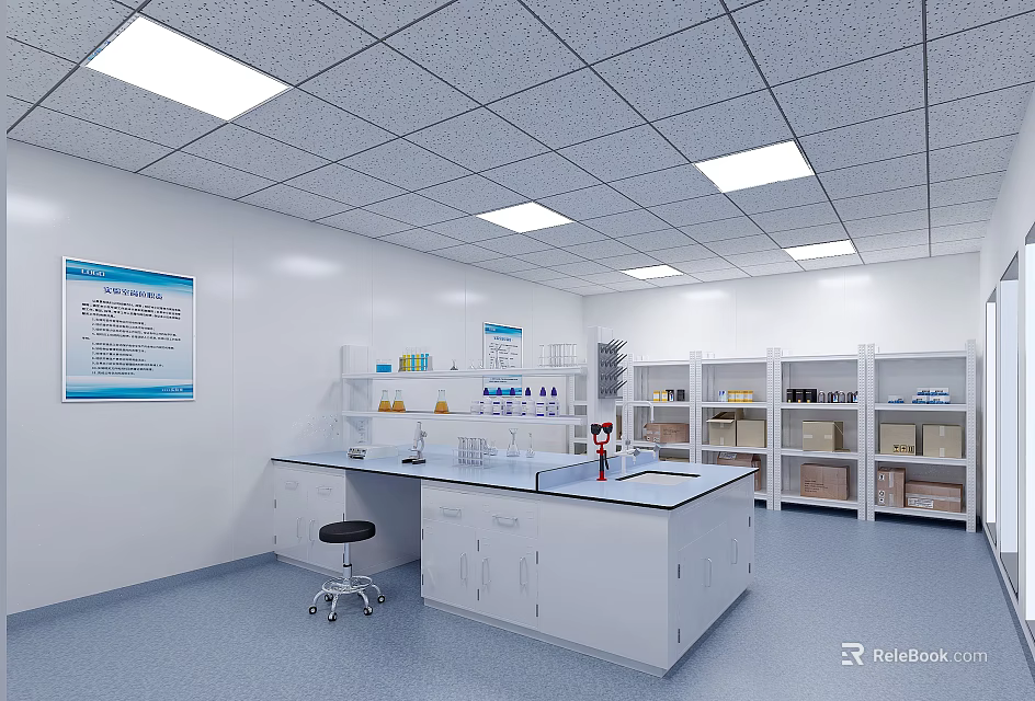 Modern Laboratory Interior With Lab Bench Storage Cabinets And Blue Notice Board 3d model 