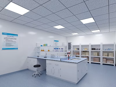Modern Laboratory Interior With Lab Bench Storage Cabinets And Blue Notice Board 3d model