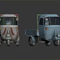 Two Different Colored Cargo Tricycles With Open Bed And Front Cabin Design