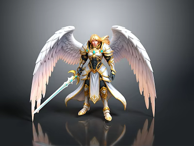 Mythical Angel Character In Armor With White Feathered Wings Golden Hair And Sword 3d model