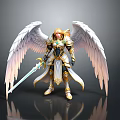 Mythical Angel Character In Armor With White Feathered Wings Golden Hair And Sword