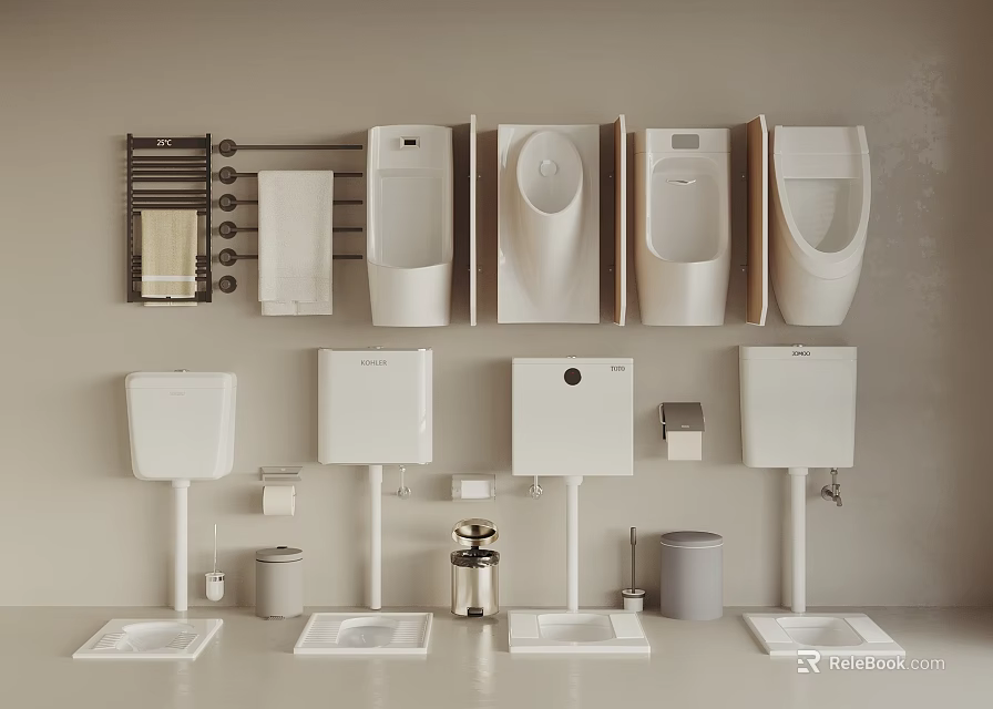 Modern Bathroom Urinals With Wall Mounted Towel Racks Paper Holders Pedestal Sinks And Trash Bins 3d model 