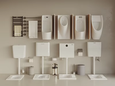 Modern Bathroom Urinals With Wall Mounted Towel Racks Paper Holders Pedestal Sinks And Trash Bins 3d model