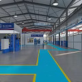 Industrial Factory Interior With Red Overhead Cranes Blue Floor Markings Equipment And Signage