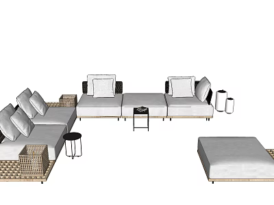 Comfortable Wicker Outdoor Sofa Set With Pillows And Side Tables For Patio 3d model