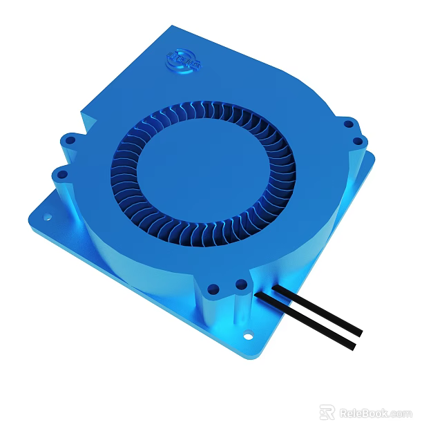 Blue Circular Cooling Fan Device with Metal Base and Black Connecting Wires 3d model 