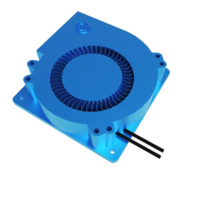 Blue Circular Cooling Fan Device with Metal Base and Black Connecting Wires 3d model