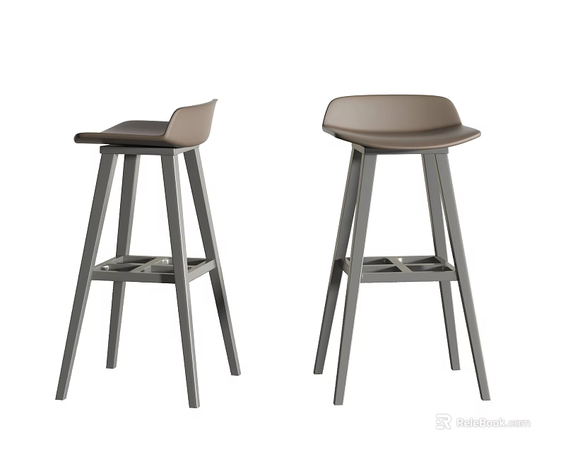 Modern Brown Leather Seat Bar Stools With Ergonomic Backrest And Gray Wooden Legs 3d model 