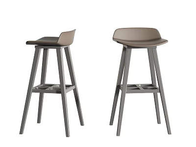 Modern Brown Leather Seat Bar Stools With Ergonomic Backrest And Gray Wooden Legs 3d model