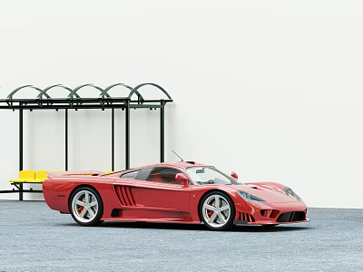 Red Sports Car Parked Near Bus Stop Shelter 3d model Red Sports Car Parked Near Bus Stop Shelter 3d model