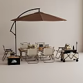 Outdoor Patio Table Set With Brown Umbrella Light Colored Chairs And Serving Trolley