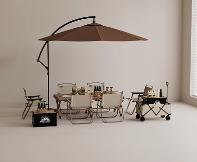 Outdoor Patio Table Set With Brown Umbrella Light Colored Chairs And Serving Trolley 3d model