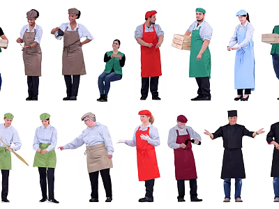 Group of People Wearing Different Colored Aprons Holding Wooden Boxes in Various Standing Poses 3d model