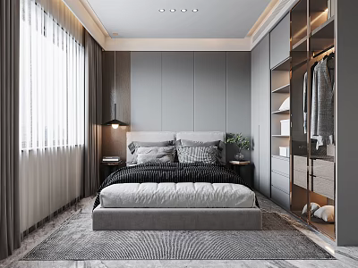 Modern Bedroom Interior Design With Gray Walls Bed Built In Wardrobe Curtains And Rug 3d model