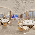 Elegant Banquet Hall Featuring White Branch Chandeliers Marble Flooring Beige Chairs And Gold Accents