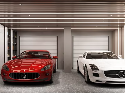 Modern Garage Interior With Red Maserati White Mercedes Roller Doors Modern Lighting And Gray Floor 3d model