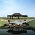 Traditional Chinese Stone Arch Bridge with Wooden Pavilion Roof and Water Reflection in Grassland