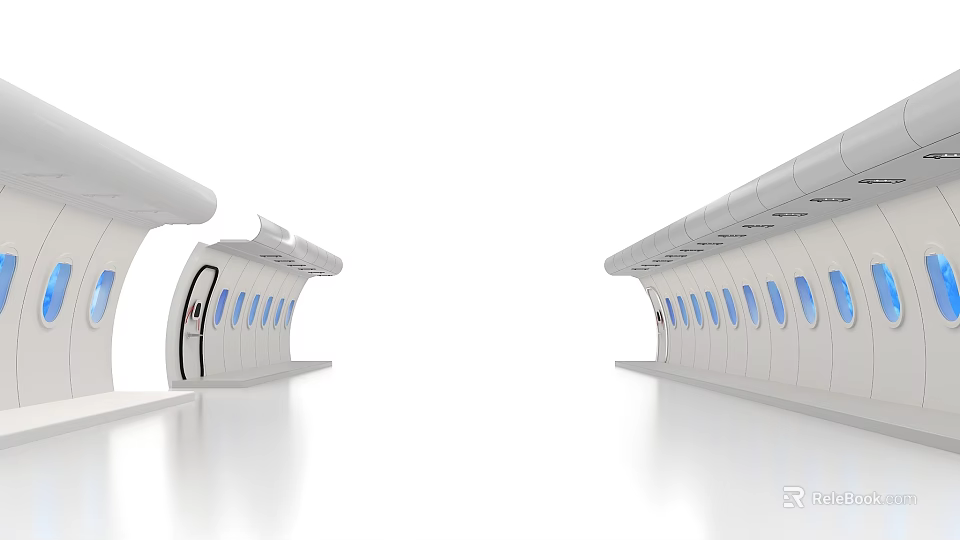 Modern White Symmetric Activity Passageway With Curved Structure Blue Windows And Black Doors 3d model 