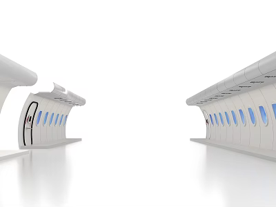 Modern White Symmetric Activity Passageway With Curved Structure Blue Windows And Black Doors 3d model