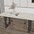 Modern Grey Dining Table With Unique Wooden Metal Legs And Decorative Items On Wooden Floor