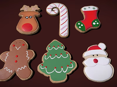 Festive Christmas Cookies With Reindeer Candy Cane Stocking Gingerbread Man Tree And Santa Claus Shapes 3d model