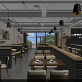 Modern Restaurant Interior With Tables Chairs Pendant Lights Decorative Paintings On Walls And Open Layout