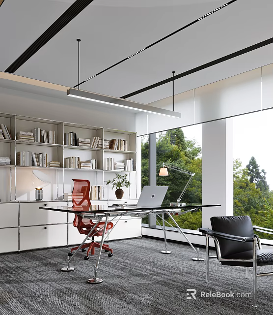 Modern Office Interior With White Bookshelves Red Chair Glass Desk Laptop And Green View 3d model 