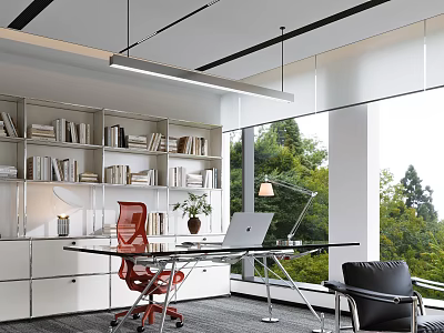 Modern Office Interior With White Bookshelves Red Chair Glass Desk Laptop And Green View 3d model