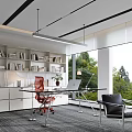 Modern Office Interior With White Bookshelves Red Chair Glass Desk Laptop And Green View