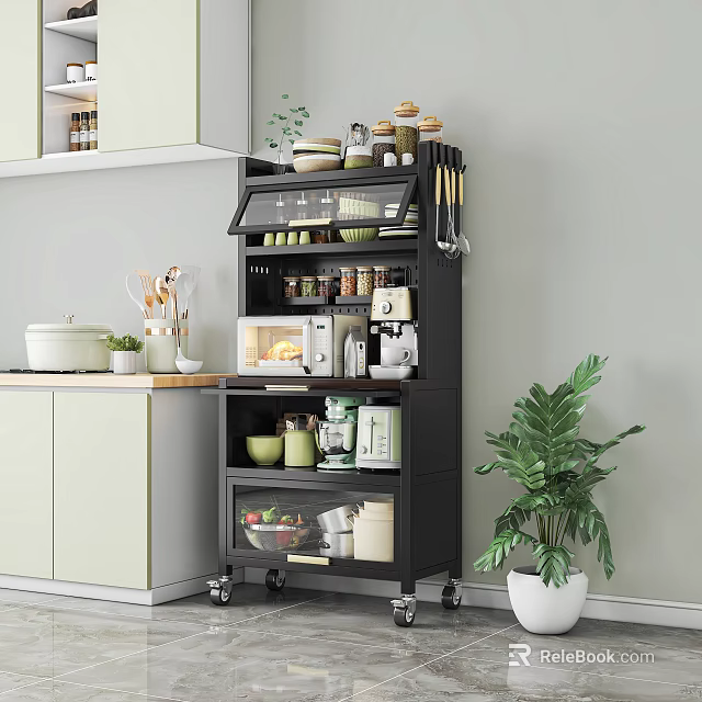 Modern Black Wheeled Kitchen Sideboard With Microwave Dishes Jars And Potted Plant 3d model 