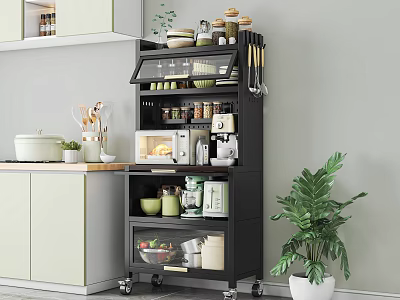 Modern Black Wheeled Kitchen Sideboard With Microwave Dishes Jars And Potted Plant 3d model