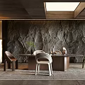 Modern Restaurant Featuring Natural Rock Wall Long Dining Table Various Designed Chairs And Skylight Ceiling 3d model