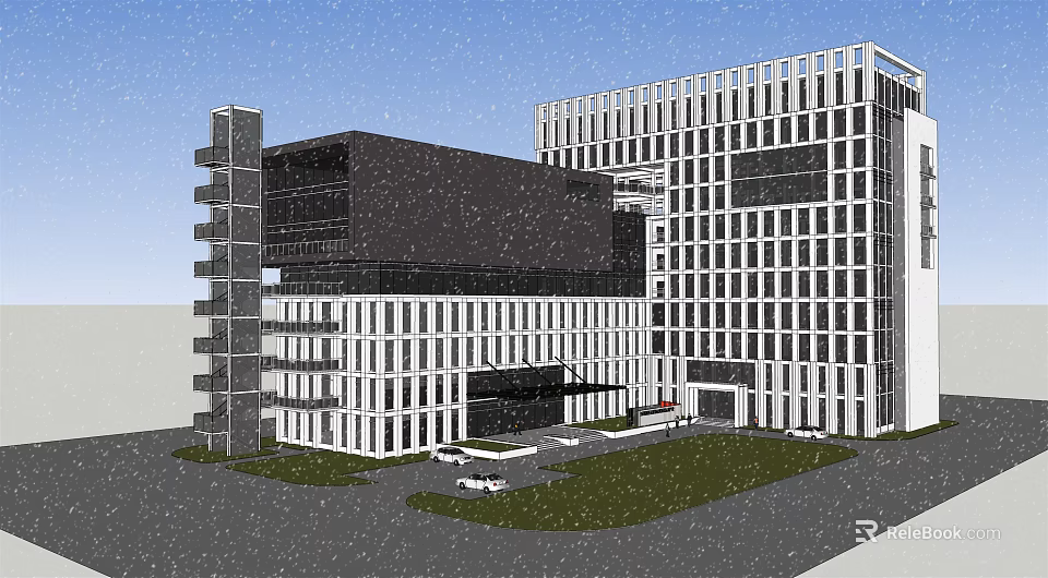 Modern Office Building Exterior With Glass Curtain Walls Black White Facade And Landscaped Parking Area 3d model 