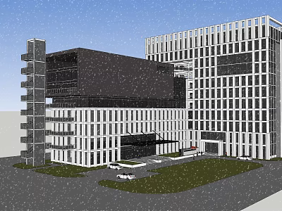 Modern Office Building Exterior With Glass Curtain Walls Black White Facade And Landscaped Parking Area 3d model