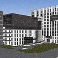 Modern Office Building Exterior With Glass Curtain Walls Black White Facade And Landscaped Parking Area