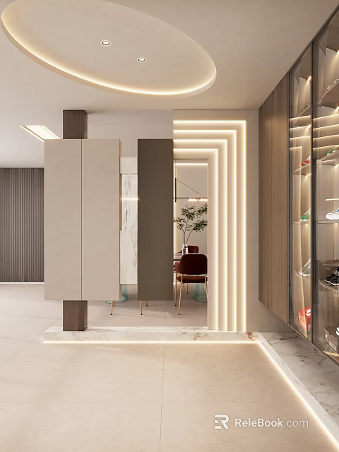 Modern Foyer Hallway Interior Design With LED Strip Lights Marble Floor And Mirror Cabinets 3d model 