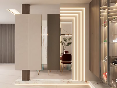 Modern Foyer Hallway Interior Design With LED Strip Lights Marble Floor And Mirror Cabinets 3d model
